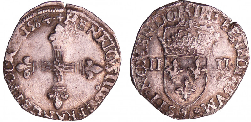Henri III (1574-1589) - Quart d'écu - 1584 9 (Rennes)
A/ + HENRICVS. III. D. G ...