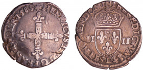 Henri III (1574-1589) - Quart d'écu - 1585 L (Bayonne)
A/ + HENRICVS. III. D. G FRAN. ET. POL. R 1585. Croix fleurdelisée. 
R/ + SIT NOMEN DOMINI BE...