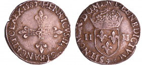 Henri III (1574-1589) - Quart d'écu - 1587 9 (Rennes)
A/ + HENRICVS. III. D. G FRANC. ET. POL. REX 1587. Croix fleurdelisée. 
R/ + SIT NOMEN DOMINI ...