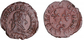 Henri III (1574-1589) - Double tournois - 1588 D (Lyon)
A/ + HENRI. III. R. DE. FRAN. ET. POL Buste au col plat à droite, lauré, barbu, moustachu et ...