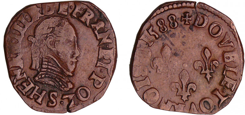 Henri III (1574-1589) - Double tournois - 1588 S (Troyes)
A/ + HENRI. III. R. D...