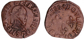 Henri III (1574-1589) - Double tournois - 1588 S (Troyes)
A/ + HENRI. III. R. DE. FRAN. ET. POL Buste au col plat à droite, lauré, barbu, moustachu e...