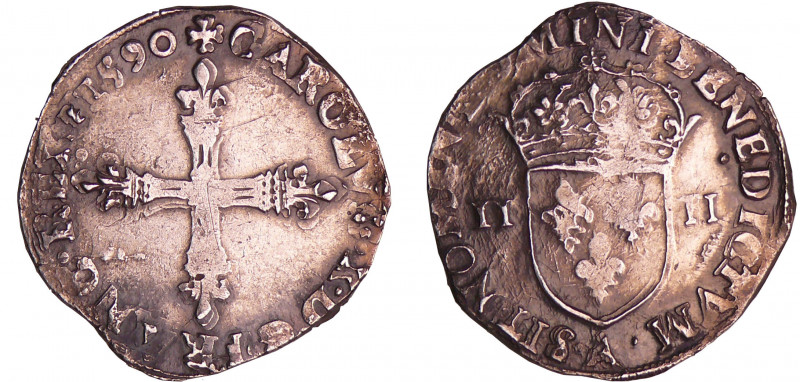 Charles X (1589-1590) - Quart d'écu - 1590 A (Paris)
A/ + CAROLVS. X. D: G. FRA...