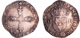 Charles X (1589-1590) - Quart d'écu - 1590 A (Paris)
A/ + CAROLVS. X. D: G. FRANC. REX Croix fleurdelisée. 
R/. SIT. NOMEN. DOMINI. BENEDICTVM. Ecu ...