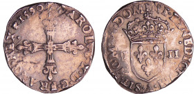 Charles X (1589-1590) - Quart d'écu - 1590 A (Paris)
A/ + CAROLVS. X. D: G. FRANC. REX 1590. Croix fleurdelisée. 
R/ . SIT. NOMEN. DOMINI. BENEDICTV...