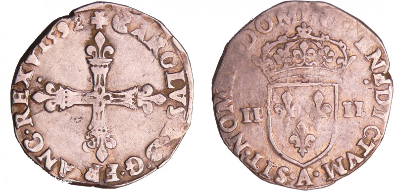 Charles X (1589-1590) - Quart d'écu - 1592 A (Paris)
A/ + CAROLVS. X. D: G. FRA...