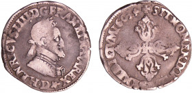 Henri IV (1589-1610) - Demi-franc - 1603 D (Lyon).
A/ + HENRICVS IIII D G FRAN ET NAVA REX. Buste lauré et cuirassé à droite, lettre d'atelier sous l...