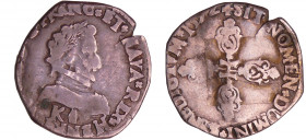 Henri IV (1589-1610) - Demi-franc - 1er type - 1592 K (Bordeaux)
A/ + HENRICVS[. IIII. D.] FRANC. ET. NAVA. REX. Buste lauré et cuirassé à droite, au...