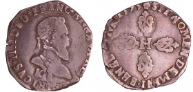 Henri IV (1589-1610) - Demi-franc - 2 ème type - 1595 K (Bordeaux)
A/ + HENRICVS. IIII. D (cœur sur étoile) G. FRANC. ET. NAVA. REX Buste lauré et cu...