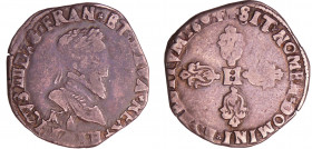 Henri IV (1589-1610) - Demi-franc - 2 ème type - 1604 K (Bordeaux)
A/ + HENRICVS. IIII. D (cœur sur étoile) G. FRAN. ET. NAVA. REX Buste lauré et cui...