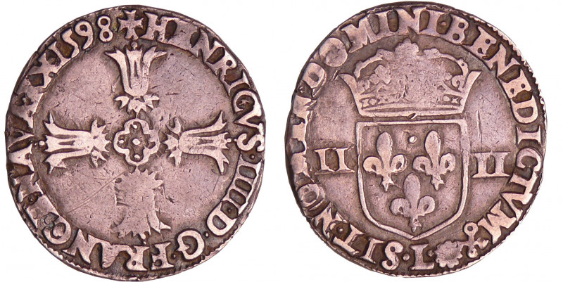 Henri IV (1589-1610) - Quart d'écu à la croix feuillue - 1598 L (Bayonne)
A/ + ...
