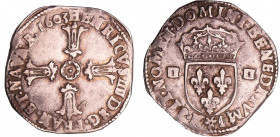 Henri IV (1589-1610) - Quart d'écu à la croix feuillue - 1603 K (Bordeaux)
A/ + HENRICVS IIII D G. FRANC. E. NAVA. RX Croix feuillue avec quadrilobe ...