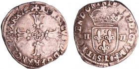 Henri IV (1589-1610) - Quart d'écu à la croix feuillue - 1608 L (Bayonne)
A/ + HENRICVS. IIII. D. G. FRANC. E. NAVA. RX 1608. Croix feuillue avec qua...