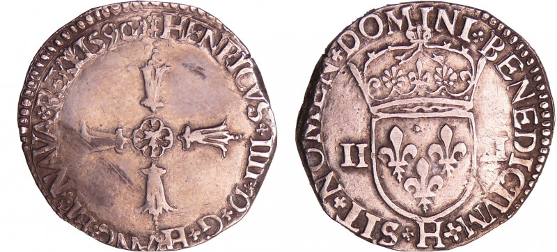 Henri IV (1589-1610) - Quart d'écu croix feuillue - 1590 H (La Rochelle)
A/ + H...