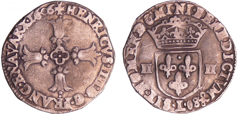 Henri IV (1589-1610) - Quart d'écu croix feuillue - 1606 L (Bayonne)
A/ + HENRI...