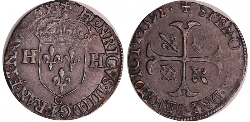 Henri IV (1589-1610) - Douzain - 2ème type - 1592 C (Saint-Lô)
A/ HENRICVS IIII...