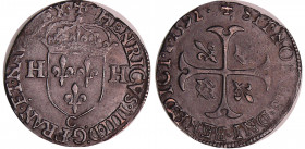 Henri IV (1589-1610) - Douzain - 2ème type - 1592 C (Saint-Lô)
A/ HENRICVS IIII D G FRAN ET NAVA REX. Ecu de France couronnée et accosté de deux H. A...