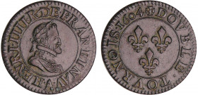 Henri IV (1589-1610) - Double tournois - 1604 A (Paris)
A/ HENRICVS IIII D G FRAN ET NAVA. Buste lauré et cuirassé. Atelier à l'exergue. 
R/ + DOVBL...