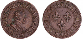 Henri IV (1589-1610) - Double tournois - 1605 A (Paris)
A/ HENRICVS IIII D G FRAN ET NAVA. Buste lauré et cuirassé. Atelier à l'exergue. 
R/ + DOVBL...