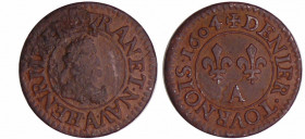 Henri IV (1589-1610) - Denier tournois - 1604 A (Paris)
A/ HENRI IIII R DE FRAN ET NAVAR. Buste lauré et cuirassé. 
R/ + DENIER TOVRNOIS. Deux lis a...