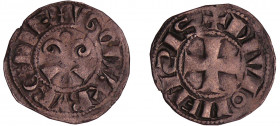 Bourgogne - Hugues III - Denier (Dijon)
Hugues III (1162-1192). A/ + VGO DVX BVRG:DIE. Anille surmontée d'un besant. Au-dessus, un annelet entre deux...
