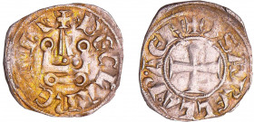 Achaïe - Isabelle de Villehardouin - Denier tournois (Corinthe)
Isabelle de Villehardouin (1297-1301). A/ + (lis) YSABELLA P ACHB. Croix. 
R/ DE CLA...