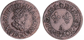 Louis XIII (1610-1643) - Denier tournois au buste juvénile et col plat - 1625 A (Paris)
SUP
L4L.42-Ga.2 / 2a-CGKL.404
Cu ; 1.37 gr ; 18 mm