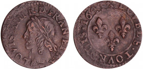 Louis XIII (1610-1643) - Double tournois de Warin - 1643
TTB+
L4L.88-Ga.12
Cu ; 2.65 gr ; 20 mm