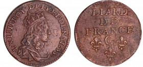Louis XIV (1643-1715) - Liard de France, 2ème type au buste jeune - 1655 C (Caen)
TTB+
L4L.178-Ga.80
Cu ; 3.93 gr ; 23 mm