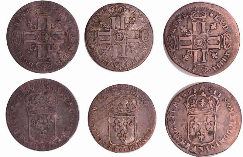 Louis XIV (1643-1715) - Lot de 3 15 deniers ou quinzain - 1693 H (La Rochelle), ...
