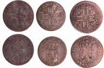 Louis XIV (1643-1715) - Lot de 3 15 deniers ou quinzain - 1693 H (La Rochelle), 1693 D (Lyon), 1695 D (Lyon)
TB à TTB
L4L.265-Ga.91
Bill ; ;