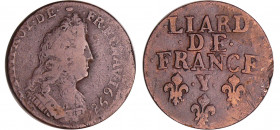 Louis XIV (1643-1715) - Liard de France, 3ème type au buste âgé - 1698 Y (Bourges) 98/97
TB
L4L.268-Ga.81
Cu ; 3.45 gr ; 21 mm