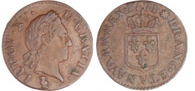 Louis XV (1715-1774) - Liard à la vieille tête - 1771 V (Troyes)
TTB+
L4L.522-Ga.272
Cu ; 3.03 gr ; 21 mm