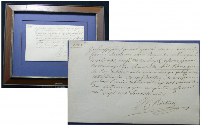 Rare autographe du graveur général du roi Louis XV, Joseph Charles Roetters, 176...