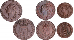 Louis XVI (1774-1792) - Lot de 3 bronzes : Liard 1784 N (Montpellier), 1/2 sol 1788 T (Nantes), Sol 1791 R (Orléans)
TTB à SUP