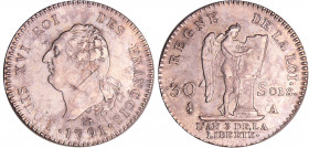 Constitution (1791-1792) - 30 sols type FRANCOIS 1791 A (Paris) 2ème sem
SUP
Ga.39
Ar ; 10.07 gr ; 28 mm