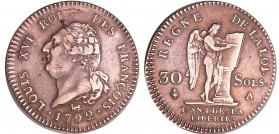 Constitution (1791-1792) - 30 sols type FRANCOIS 1792 A (Paris) 1er sem
TTB+
Ga.39
Ar ; 10.05 gr ; 28 mm
Double frappe visible au revers.