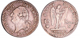 Constitution (1791-1792) - 15 sols type FRANCOIS 1791 N (Montpellier)
TB
Ga.36
Ar ; 4.65 gr ; 24 mm