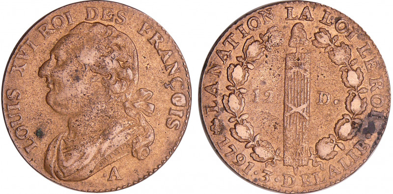 Constitution (1791-1792) - 12 deniers type FRANCOIS 1791 A (Paris)
TTB+
Ga.15...