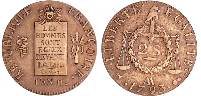 Convention (1792-1795) - 2 sols à la balance - An II - 1793 AA (Metz) Refrappe
...