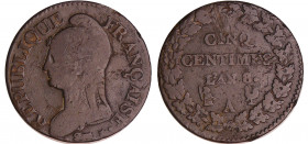 Directoire (1795-1799) - 5 centimes Dupré - grand module - An 8/7 A (Paris)
TB
Ga.126-F.115
Cu ; 9.75 gr ; 18 mm