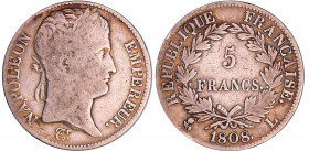 Napoléon 1er (1804-1814) - 5 francs revers république 1808 L (Bayonne)
TB
Ga.583-F.306
Ar ; 24.27 gr ; 37 mm