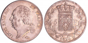 Louis XVIII (1815-1824) - 5 francs au buste nu 1824 MA (Marseille)
TTB+
Ga.614-F.309
Ar ; 24.96 gr ; 37 mm