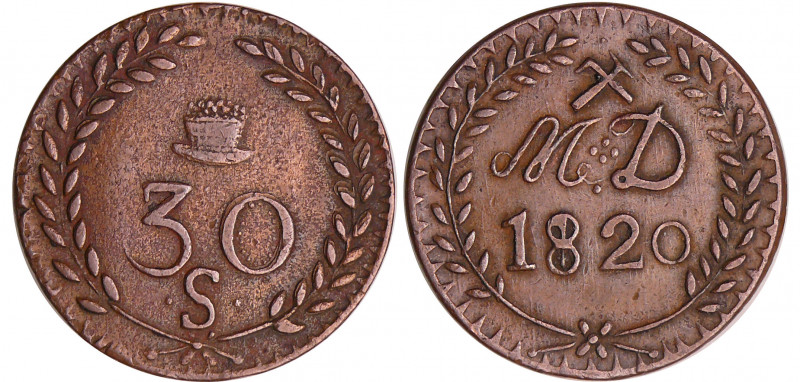 Louis XVIII (1815-1824) - 30 sous 1820 - Mines d'Aniche
TTB
Maz.779
Br ; 11.7...