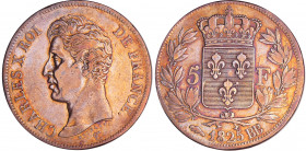 Charles X (1824-1830) - 5 francs 1er type 1825 BB (Strasbourg)
TTB
Ga.643-F.310
Ar ; 24.85 gr ; 37 mm
Traces de nettoyage.