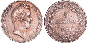 Louis-Philippe Ier (1830-1848) - 5 francs tête nue sans le I tranche en creux 1830 A (Paris)
TB+
Ga.675-F.313
Ar ; 24.77 gr ; 37 mm