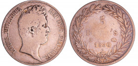 Louis-Philippe Ier (1830-1848) - 5 francs tête nue sans le I tranche en creux 1830 B (Rouen)
B+
Ga.675-F.313
Ar ; 24.57 gr ; 37 mm