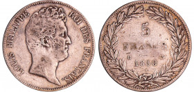 Louis-Philippe Ier (1830-1848) - 5 francs tête nue sans le I tranche en creux 1830 D (Lyon)
B+
Ga.675-F.313
Ar ; 24.73 gr ; 37 mm