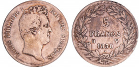 Louis-Philippe Ier (1830-1848) - 5 francs tête nue tranche en creux 1830 H (La Rochelle)
TB
Ga.676-F.315
Ar ; 24.65 gr ; 37 mm
