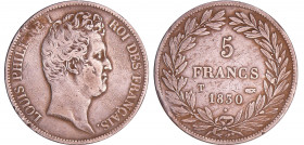 Louis-Philippe Ier (1830-1848) - 5 francs tête nue tranche en creux 1830 T (Nantes)
TB
Ga.676-F.315
Ar ; 24.67 gr ; 37 mm